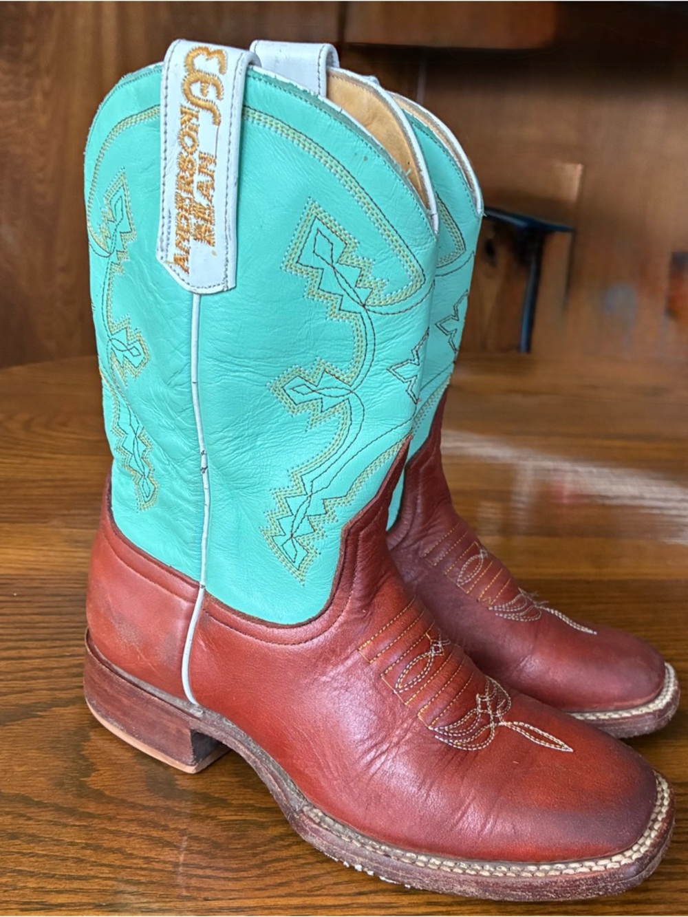 Anderson Bean Youth Size 13 Cowboy Boots Brown & Mint Green Leather